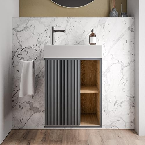 Bernstein Kleines Badmöbelset BELDIVO in Anthrazit - 50 x 24,3 x 60 cm - Waschtischunterschrank mit Duravit Keramik-Waschbecken, Türanschlag Links, Push-to-Open - Vormontiert - 5 Jahren Garantie