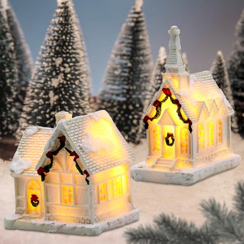GAROMIA Weihnachtsdorf Beleuchtung Weiß 2 Stück Mini Lichthaus Gästehaus Weihnachtshaus Deko Weihnachten Kleine Haus Deko Weihnachtshaus Figur Weihnachtsdeko Innen Mini Weihnachtsstadt Außen Garten