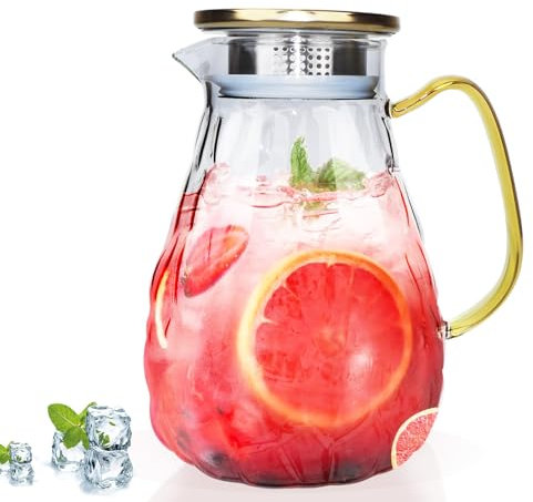 Jarra de Vidrio 1.8L con Tapa de Acero Inoxidable, Jarra Agua Cristal, Té, Jugo, Leche y Café, Resistente al Frío y Calor, Jarra de Cristal para Bebidas Frías y Calientes