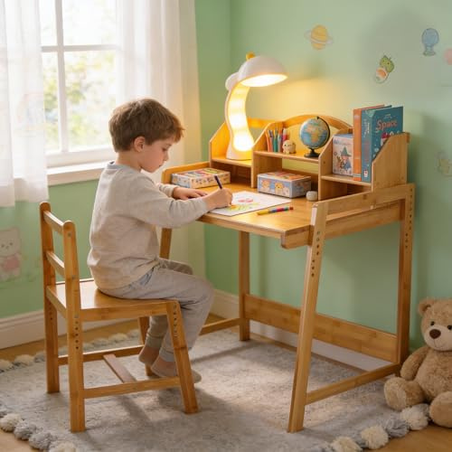 Clevich Scrivania per Bambini, Regolabile in Altezza con Sedia, in Legno di Bambù con Spazio di Archiviazione, Scrivania Multiuso per Cameretta e Soggiorno, Giallo