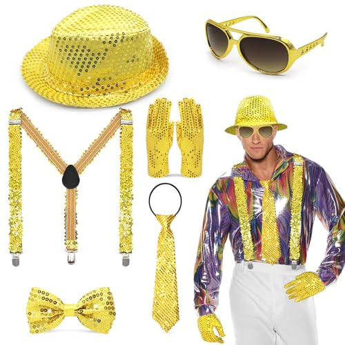Oerphh 6 Stück Disco Glitzer Accessoires Herren Disco Karneval Outfit Accessories mit Hut,Hosenträger,Krawatte,Fliege,Handschuhe,Brille,Pailletten Kostüm für Fasching Party,Jazz Performence