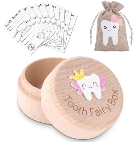HOTUT Caja de Dientes, Caja Dientes de Leche Niño, 10 Certificados de Diente Limpio, Caja de Madera para Guardar, Recuerdos de Dientes Lindos, Regalo para Niña Niño