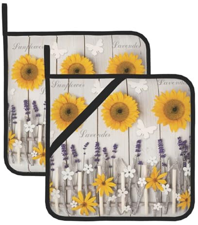 Set di presine isolanti con stampa di girasoli su legno, presine per cucina, adatto per microonde, forno e barbecue all'aperto