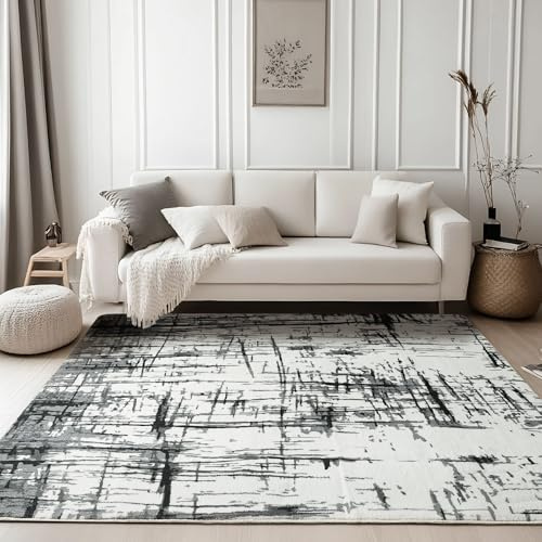 Calore Teppich Wohnzimmer Kurzflor Teppich Schlafzimmer rutschfest Weich Moderner Wohnzimmerteppich Große Teppiche (Abstrakt grau/weiß/schwarz, 120 x 160 cm)