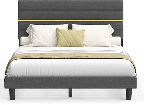 VASAGLE Polsterbett, Doppelbettgestell, Bettgestell, passend für 140 x 200 cm Matratze, verstellbares gepolstertes Kopfteil, Bettrahmen, Metall, Massivholz, modern, schiefergrau RMB504G01