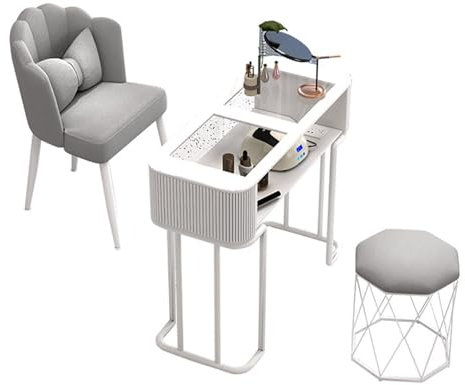 Stilvoller, funktionaler Tisch, Maniküretisch, professioneller Maniküretisch, Arbeitsplatz für Nageltechniker, Kunsttisch mit Schublade und offenen Regalen, Moderne Aufbewahrung für Nägel zu