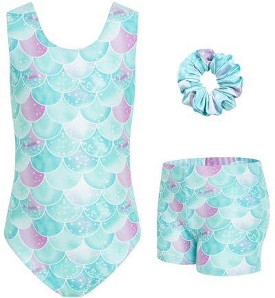 JiAmy Turnanzug Mädchen, Gymnastikanzug Kinder mit Hose Haarband Set, Glänzendes Gymnastik Turnanzug Leotard für 3-4 Jahre