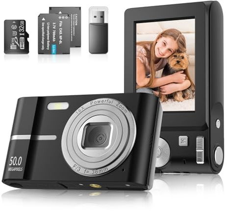 Hlieeosfcn Digital Camera 1080P 50MP,4K Kids Camera with 32G TF Card, 1400mAh Battery, Auto Focus Point Timed, 16X Digital Zoom Compact Digital Camera,2.4 LCD Screen Vlogging Camera (Black)