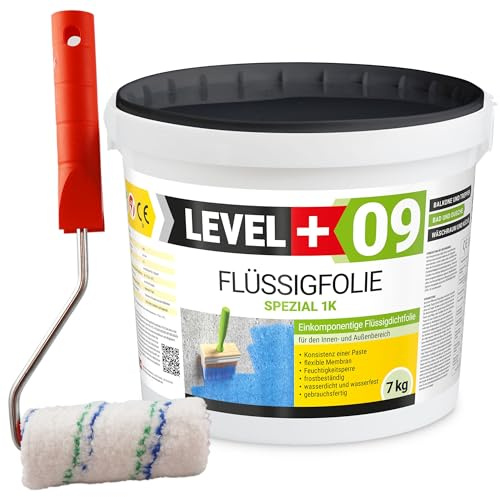 Level + 09 Flüssigfolie Spezial für Balkon, Terrasse, Bad & Dusche 7 kg | Dichtfolie unter Fliesen auf Beton, Putz & Estrich – Flüssigabdichtung, Wasserdicht & Gebrauchsfertig – mit Farbroller 10cm