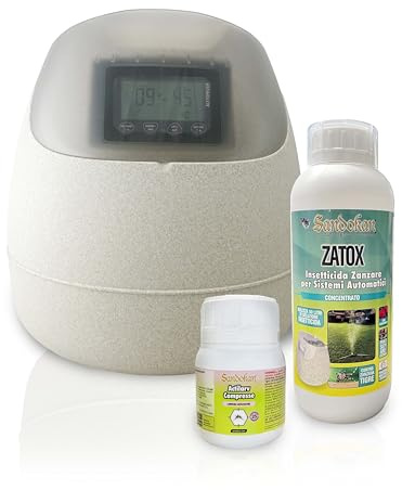 Sandokan, Kit Automizer Elettrico Sistema Antizanzare Automatico Giardino 12V, Include Nebulizzatore con Trasformatore, Insetticida Zatox 1L e 25 cpr Larvicida, Disinfestazione Completa Made in Italy