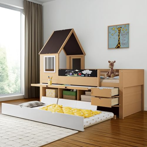 Etagenbett, Baumhaus mit Schubladen und ausziehbarem Bett, ausziehbarer Tisch, geräumiger Stauraum, Bettgestell aus Kiefernholz, Weiß + Natur