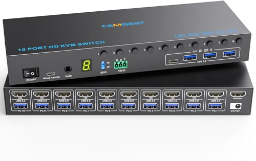 10 Port 8 Port HDMI KVM Switch 4K@60Hz Simulera EDID，USB 3.0 HDMI KVM Switch för 10 Datorer Att Dela 4 USB-enheter och 1 Skärm, Ljud,RS232, med 10 USB Kablar, Stationär Handkontroll och 12V Strömkälla