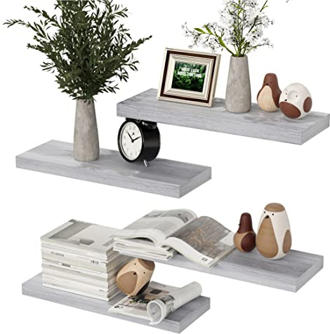 RICHER HOUSE Wandregal Grau 40 cm, 4er-Set MDF Holz Schweberegal | Wandboard Regal Wand DVD Hängeregal Deko-Holzregale für Küchenregal, Schlafzimmer, Büro, Wohnzimmer, Badezimer, Moderne