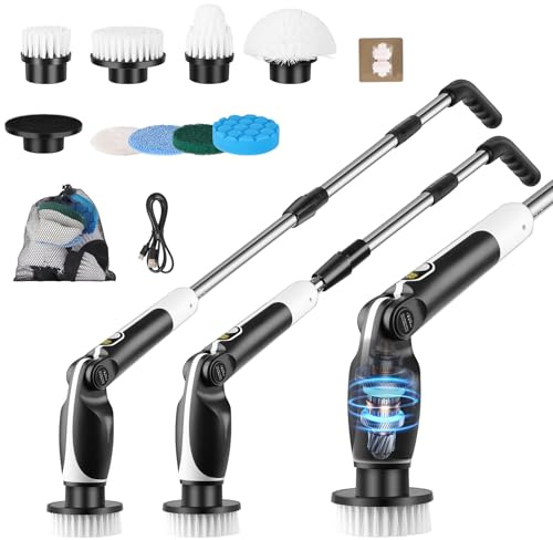 Electric Spin Scrubber: Cordless Electric Cleaning Brush with 9 Replaceable Brush Heads, 3 Speed Shower Power Scrubber With Adjustable Handle, for Floor Wall Tile Car Sink Shower Tub Bathroom (Black)