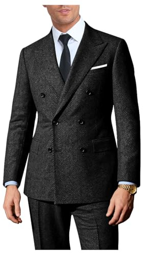 Lynerun Tweed Herringbone Suit Men 2 Piece Slim Fit Black Suits for Men Formal Double Breasted Wool Jacket Pants Set Prom Tuxedo L