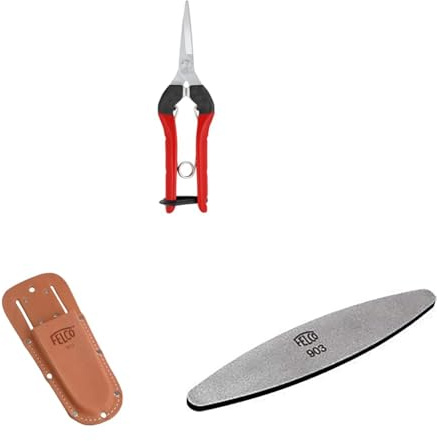 FELCO 322 Leseschere mit Lederholster 910+ und Schleifstein 903 – Set für präzise Erntearbeiten, Floristik und empfindliche Pflanzenpflege