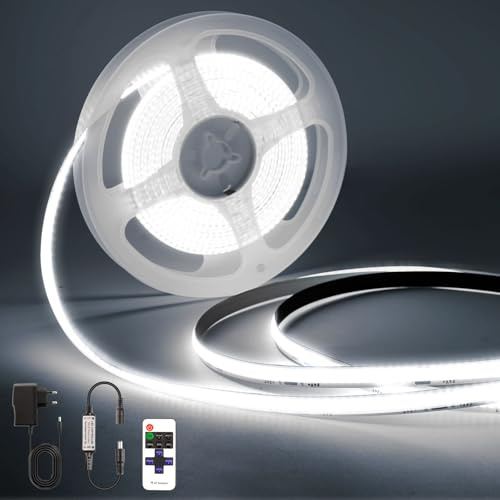 PSTAR 1M Tira LED COB 6500K, 24V luz Blanca Fría Autoadhesiva, 8 mm de Ancho, con Control Remoto y Fuente de alimentación, para luces led habitacion,Cocina,TV