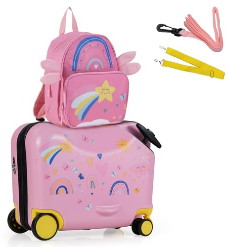 COSTWAY Maleta Infantil Niños, Equipaje de Viaje con Mochila, Equipaje Infantil con Ruedas Universales y Mango Ajustable, Juego de Mochila y Maleta Cabina Trolley (Estrellas Coloridas)