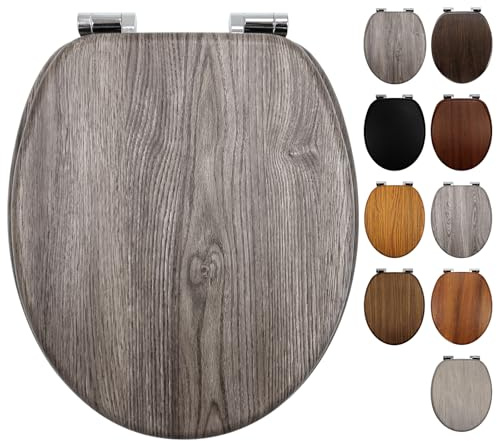 Fanmitrk Standard Wooden Toilet Seat Soft Close - Adjustable Zinc Alloy Hinges - Made of Multiple Styles Wood Grain MDF - Easy to Clean and Install for Bathroom 43.3 x 37 x 5.5 cm (JHE105-3-01)