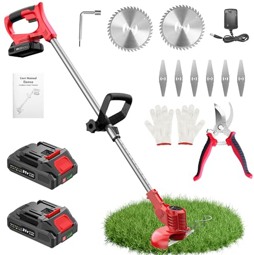 21V Weed Wacker Cordless String Trimmer with 2 Batteries 2.0Ah, 2 Types Metal Blades Powered Grass Trimmer, Pruning Shears, Adjustable Pole Weed Trimmer for Garden and Yard Lawn, Red