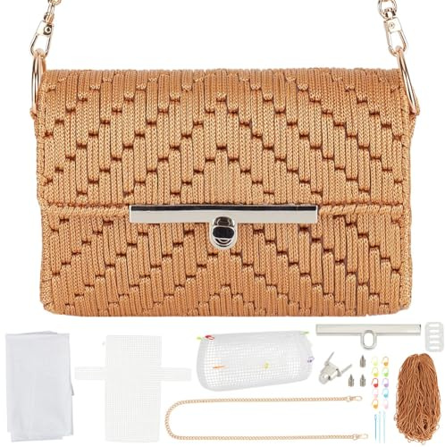ORIGACH DIY Plastic Canvas Mesh Bag Kit, Woven Lattice Stitch Crochet Handbag Making Supplies with Blank Mesh Sheets, Metal Chain, Video Tutorials, Embroidery Needlepoint Craft Accessories, Khaki