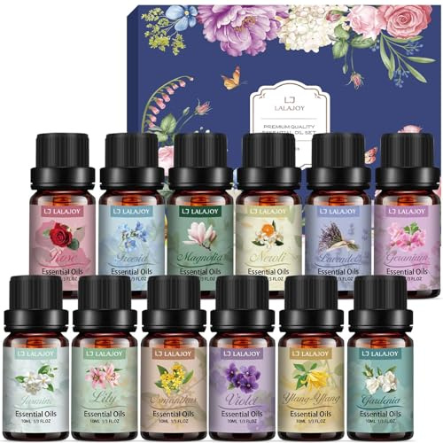 Lot d'huiles essentielles florales pour diffuseur, aromathérapie naturelle, 12 x 10 ml, coffret cadeau pour savon, fabrication de bougies, humidificateur, spa, cadeaux pour femmes Noël anniversaire
