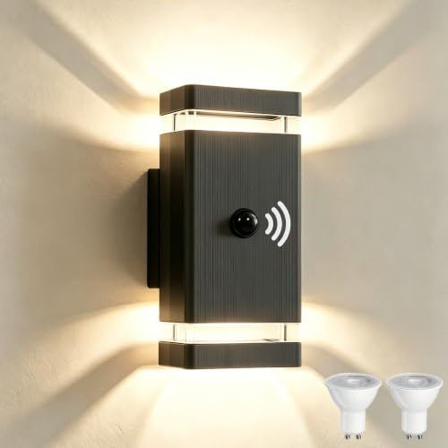YOVGQOLV PIR Motion Sensor Lights Outdoor Up Down Outside Lights GU10 | LED Square Wall Lights Mains Powered with 2×5W 3000K GU10 Bulbs,IP54 Waterproof Porch Front Door Light,Anthracite Grey 1 Pack