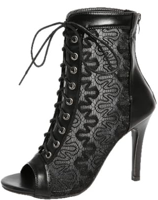 Botines románticos de tacón alto con cordones florales para mujer, con puntera abierta, para baile de jazz, noche, graduación, fiesta, cita nocturna, Black, 39.5 EU