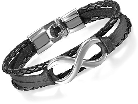 Flongo Lederarmband Partnerarmbänder Freundschaftsarmbänder für 3, Leder Armband Armreif Lederarmband Manschette Schwarz Braun Weiß Silber Infinity Unendlichkeit Zeichen Symbol