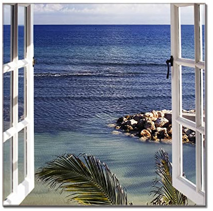 banjado® Glas Magnettafel mit 4 Magneten - Magnetwand 40x40cm mit Motiv Fensterpanorama - Memoboard/Pinnwand magnetisch, beschreibbar, perfekt für die Küche - Magnetboard auch als Wandbild/Wandtafel