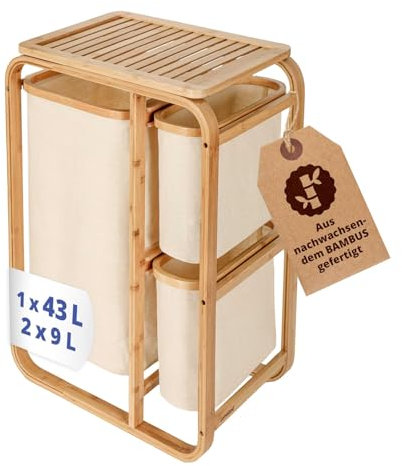 Lumaland - Cesto portabiancheria in bambù con 3 sacchetti per la biancheria estraibili, dimensioni: circa 71 cm di altezza x 50 cm di larghezza x 33 cm di profondità, colore: beige