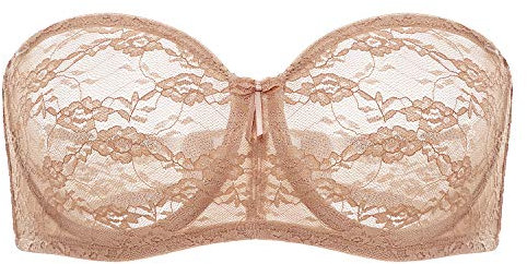 DOBREVA Women's Strapless Bras See Through Sheer Lace Non Padded Underwired Multiway Bra Natural 34D