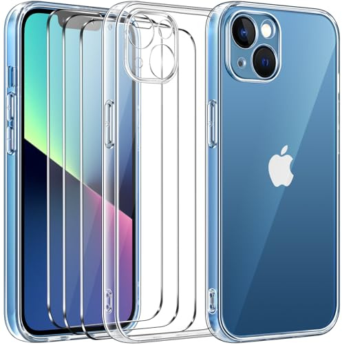 ivoler Hülle Kompatibel für iPhone 13 6.1 Zoll, Handyhülle mit 3 Stück Panzer Schutz Glas, Dünne Weiche TPU Silikon Transparent Stoßfest Schutzhülle Durchsichtige Kratzfest Case