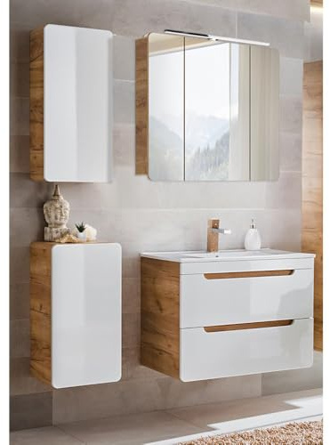 Lomadox Badmöbel Set mit Keramikwaschtisch LUTON-56 in Hochglanz weiß mit Wotan Eiche Nb., B/H/T ca. 130/200/46 cm