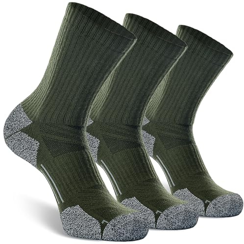 CWVLC Hiking Crew Socks, 3-Pack Men Women Boot Socks for Walking, Hunting, Camping, Winter Outdoor Work, Cosy Cushion, Moisture Wicking, Arch Compression, Anti Blister, Medium, Green