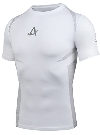 AMZSPORT Herren Kompressionsshirt Kurzarm Sportshirt Schnelltrocknend Laufshirt Funktionsshirt, Weiß M