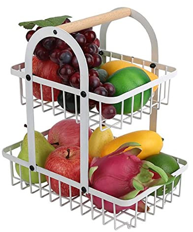 JUNYFFF Frutero De 2 Pisos – Cesta De Frutas Metálica para Mostrador Y Organizador Cocina – Fruteros De Cocina Estilo Vintage – para Verduras Y Frutas Frescas - Soporte De Frutas con Cuencos,Blanco