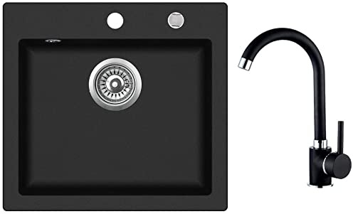 Rein Schwarz LINDBERGH® Granit Spüle mit Armatur COL44 + 1-Galo + Siphon Einbauspüle Küchenspüle Spülbecken + DREHEXCENTER - Verbundstoffe MADE IN GERMANY (Spüle COL44 + Armatur 1-Galo)