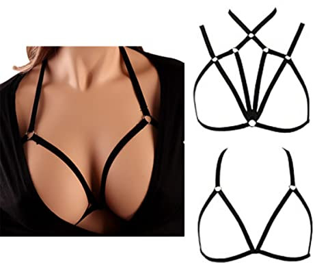 VicSec Women Sexy Harness Strappy Hollow Out Bra, Elastic Cage Bralette Cupless Body Lingerie, Punk Gothic Alluring Adjustable Halter Belt Crop Top Bralet for Ladies Festival Club Party Wear Black