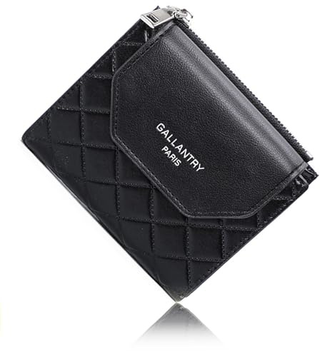 Gallantry Portefeuille Femme Petit Format Matelassé Souple- Porte-Monnaie Carte Tout-en-Un Bi-pli - Similicuir Carreaux Fermeture Éclaire Magnétique - Chic Léger - Noir