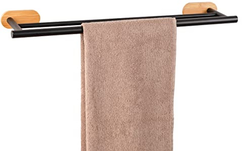 Badetuchstange Mod. Orea Duo Bamboo Halter für 2 Badetücher aus mattschwarzem Edelstahl und Bambus Montage ohne Bohren 60 x 4,5 x 12 cm
