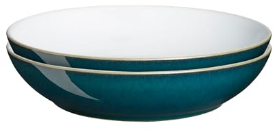 Denby - Greenwich Pasta Bowls Set of 2 - Dishwasher, Oven, Microwave, And Freezer Safe, 1050ml, 22cm - Green, White Ceramic Stoneware Tableware - Chip & Crack Resistant