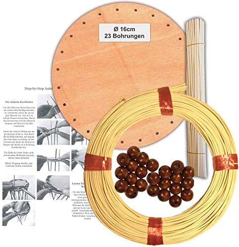 Korbflechtset [21] - Hängekorb Peddigrohr natur mit Holzperlen Braun inkl. Anleitung