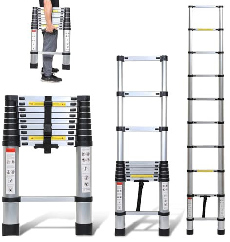 Aluminium Teleskopleiter mit Abnehmbarem Haken, Cecaylie 2.6M Ausziehbare Leiter, Rutschfester Aluleiter Stehleiter Mehrzweckleiter Ausziehbar Aluminiumleiter, Ausziehleiter Belastung 150 kg