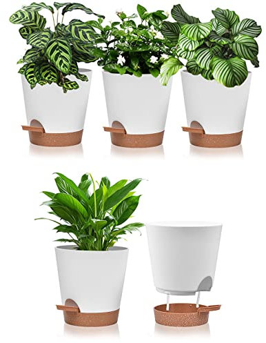 Vusddy 5er Set Kräutertopf Selbstbewässernd, 6 Zoll Selbstbewässerungstopf mit Untersetzer, Blumentöpfe mit Bewässerungssystem für Kräutergarten, Küche, Balkon, Garten, Indoor