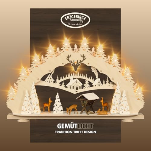 weigla - Schwibbogen original Erzgebirge I Motiv Rehe im wald I Lichterbogen Weihnachten I 15 Lampenkerzen + 1 Ersatzlampe I 15 x 16 V, 3 W, E10 I beleuchtete Weihnachtsdeko innen I aus Holz