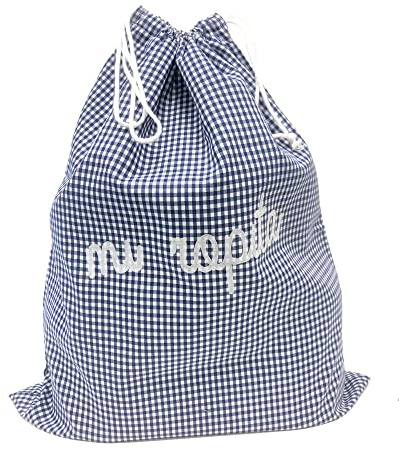 Haberdashery Online Bolsa reutilizable con estampado vichy color azul marino. Bolsa de tela lavable para colegio, ideal para recambios de niños. Saco ecológico para zapatos, pañales y prendas.