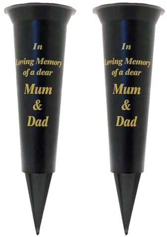 Set of 2 Black In Loving Memory MUM & DAD Spiked Memorial Grave Flower Vases Graveside Memorial