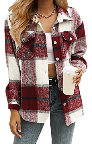 Timuspo Chaqueta camisa de franela a cuadros para mujer de manga larga de algodón con solapa abotonada estilo chaqueta abrigo, borgoña, M