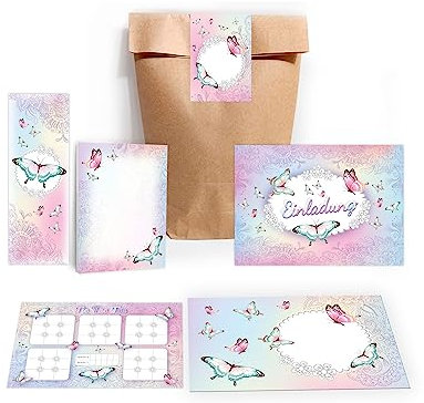Limonia 10 Einladungskarten zum Kindergeburtstag Einladung Geburtstag Mädchen Schmetterling incl. 10 Umschläge, 10 Tüten, 10 Aufkleber, 10 Lesezeichen, 10 Blöcke, 10 Tic Tac Toe